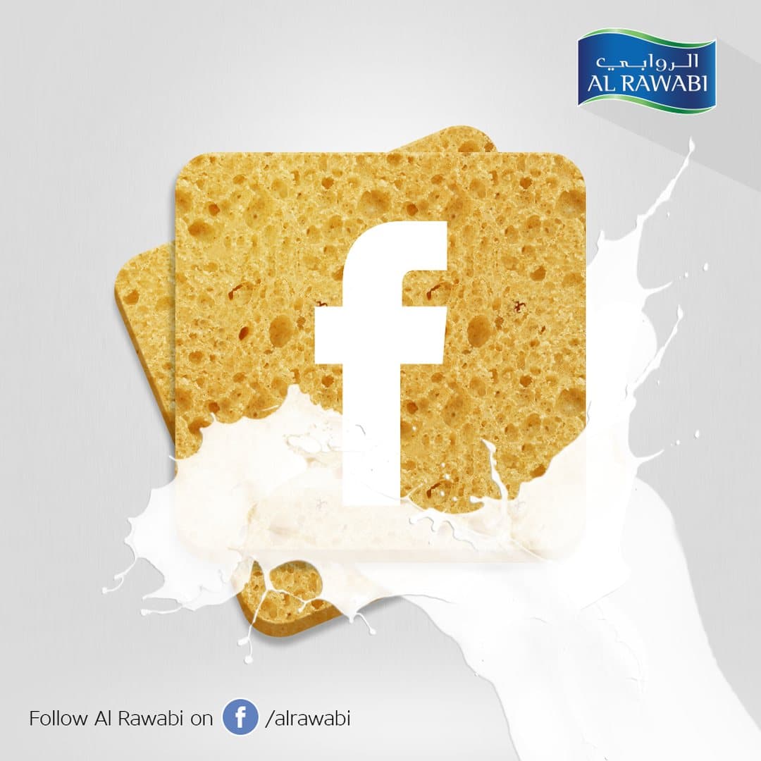 Facebook logo made from a golden cheese-like texture with a milk splash, and a Follow Al Rawabi on Facebook line