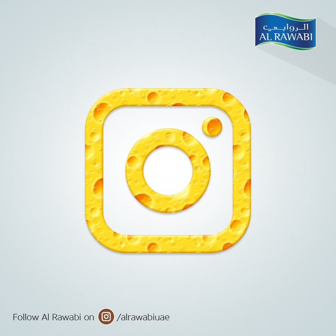 Instagram logo made from yellow cheese texture on a pale background, and a Follow Al Rawabi on Instagram line