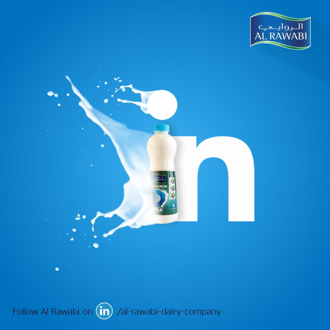 LinkedIn logo in white on blue with a milk splash and a bottle of milk, and a Follow Al Rawabi on LinkedIn line