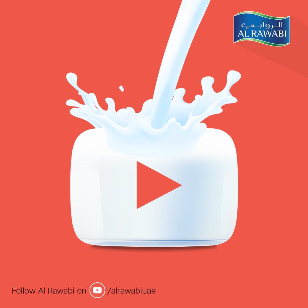 YouTube play button made of milk, with milk pouring over it on a red background, and a Follow Al Rawabi on YouTube line