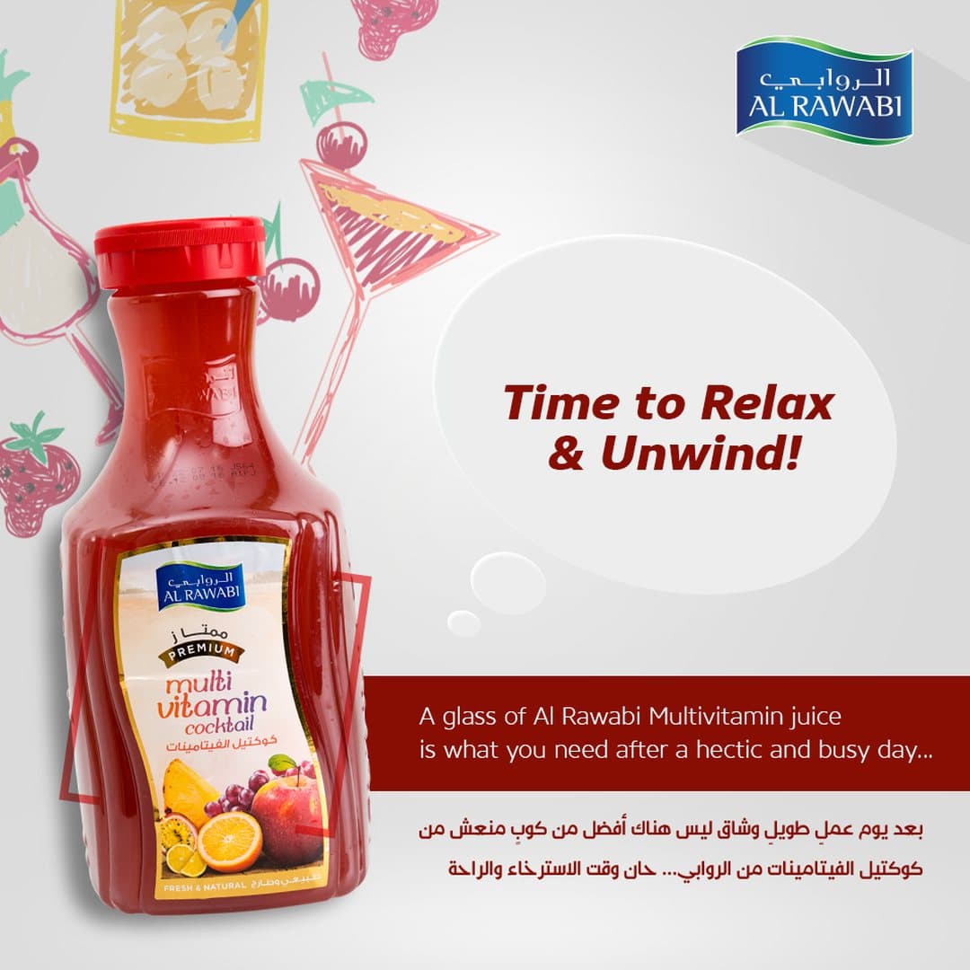 Multivitamin juice bottle with a thought bubble reading Time to Relax and Unwind, and a bilingual caption