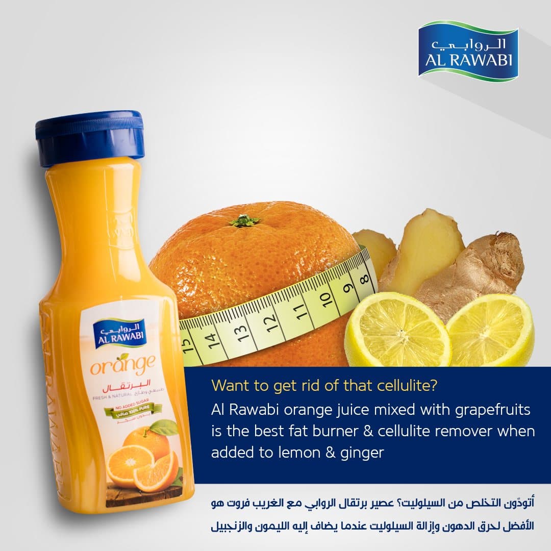 Orange juice bottle beside an orange wrapped in a measuring tape, with ginger and lemon, and a bilingual caption
