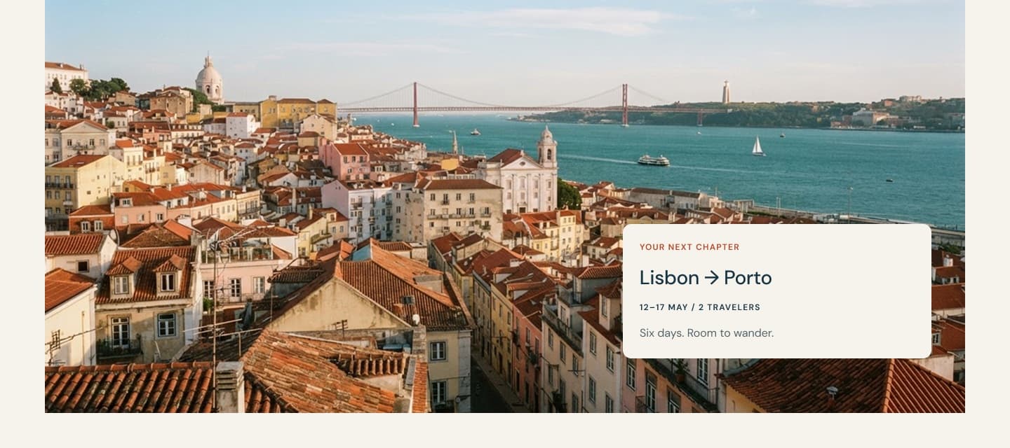 ROVE Lisbon to Porto itinerary showcase with terracotta rooftops, suspension bridge and chapter card