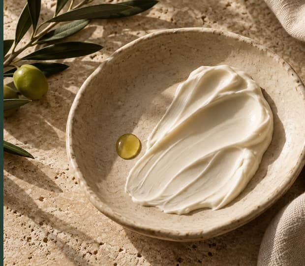 SŪRA botanical restorative cream texture in handcrafted ceramic bowl with raw olive oil drop