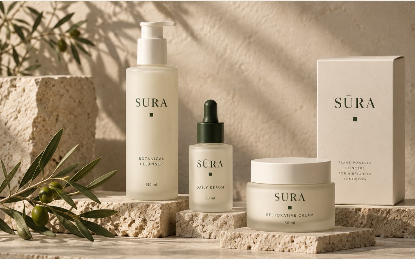 SŪRA botanical skincare products: Cleanser, Daily Serum, and Restorative Cream on stone podium with olive branch
