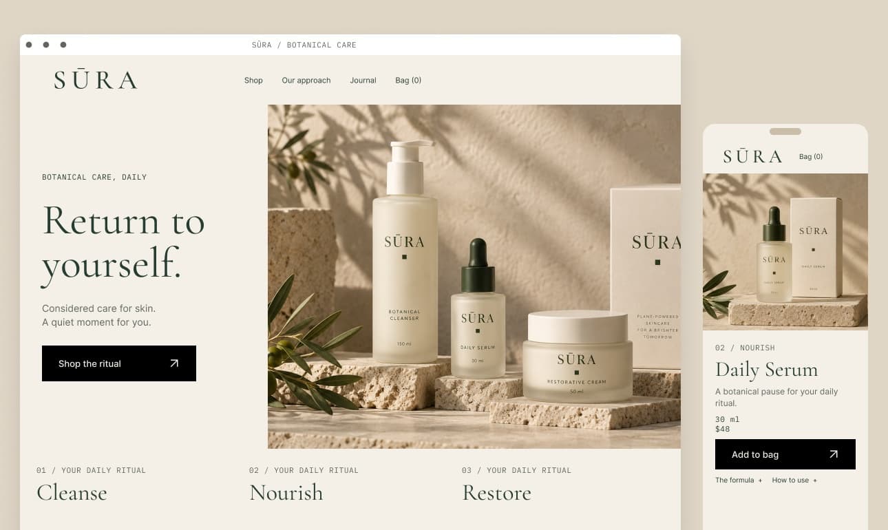 SŪRA e-commerce experience on desktop browser and mobile device
